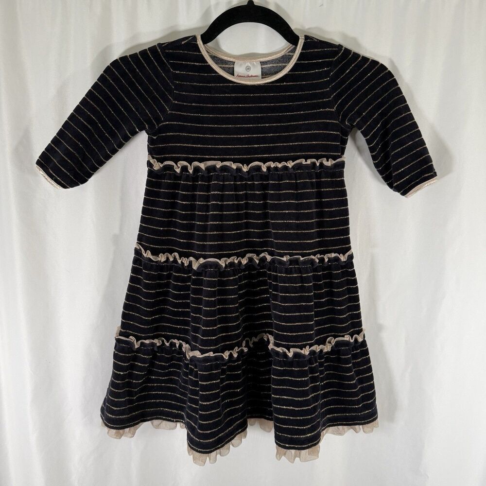 Hanna Andersson Dress Girls 100 4 Black Gold Striped Velvet Lace Round Neck